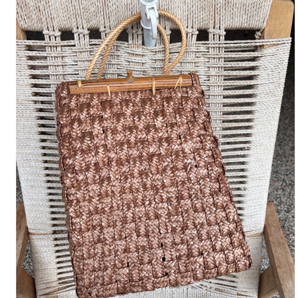Vintage Woven Straw Handbag Brown Toggle Boho Basket‎ Tote Bag